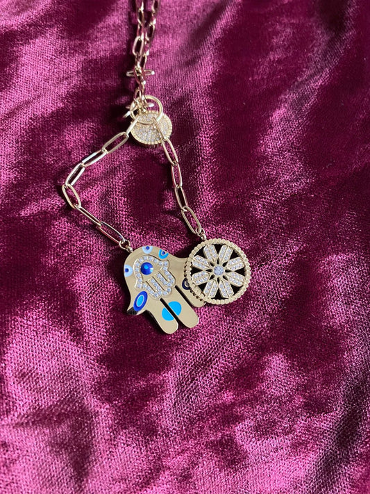Détail pendentif Khmissa main Hamsa émail bleu – acier inoxydable 316L BeRosie